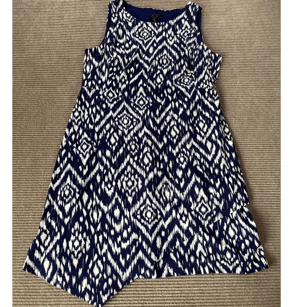 AB Studio Womens XL Navy Blue White Ikat Geometric‎ Asymmetrical Tiered Dress